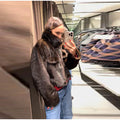 Women's Brown Faux Fur Cropped Jacket Fashion Stand Collar Single Breasted Pocket Casual Coat Lady 2026 Spring Chic Outerwear