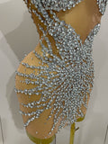 Sparkly Rhinestones Sexy Mesh See Through Mini Dress Party Evening Prom Celebrate Birthday Dress Singer Dancer Show Stage Wear