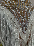 Women Sparkly Diamonds Pearls Tassel Sexy Mesh Stretch Dress Latin Dance Luxury Birthday Outfits Nightclub Party Stage Costume