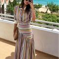 Boho Colorful Stripe Midi Skirt Set Turn Down Collar Single Breasted Long Sleeve Shirt Fitted Waist Flowy Women Skirts Outfits