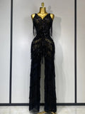 Women Sparkly Glod Rhinestones Sequined Fringe Jumpsuit Sexy Nightclub Party Birthday Outfit Show Singer Stage Perform Costume