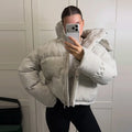 Women Hooded Stand Collar Cropped Puffer Jacket Zip Snap Button Loose Slim Short Quilted 2026 Casual Winter Warm Outerwear Coat