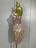 Women Evening Party Birthday Prom Nightclub Stage Costume Luxury Diamonds Chain Pearl Sexy Strapless Mesh See Through Mini Dress