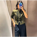 Women Woven Patchwork Napoleon Jacket Shoulder Pad Long Sleeve Hook Closure Street Blazer 2026 Spring Chic Casual Edgy Crop Coat