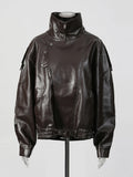 French Retro Pu Leather Jacket for Women Stand Collar Long Sleeve Patchwork Button Temperament Loose Coat Female
