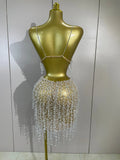Luxury Diamond Beading Mesh Strap Top Skirt Two Pieces Set Women Evening Prom Birthday Celebrate Sexy Nightclub DJ Stage Costume