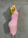 Pink Halter Neck 3D Scale Shell Sequin Mesh MiniDress Women Sheer Bodycon Short Dress For Club Night Out Cocktail Party