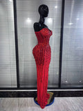 Sparkly Red Golden Big Crystal Women Strapless Mesh See Through Bodycon Long Maxi Dress Elegant Evening Party Cocktail Outfit