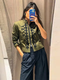 Women Woven Patchwork Napoleon Jacket Shoulder Pad Long Sleeve Hook Closure Street Blazer 2026 Spring Chic Casual Edgy Crop Coat