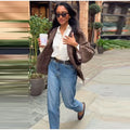 Women's Brown Knitted Cardigan Fashion Turn Down Collar Single Breasted Pockets Sweater Lady 2025 Autumn Casual Street Outerwear