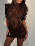 Sexy Pleated Bodycon Dress for Women Half High Collar Short Sleeve Spliced Lace Club Party Mini Dresses Female New