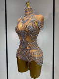 Women Sexy See Through Crystal Bodysuits Luxury Birthday Dancer Stage Performance Wear Mesh Sparkly Rhinestone Nightclub Outfit