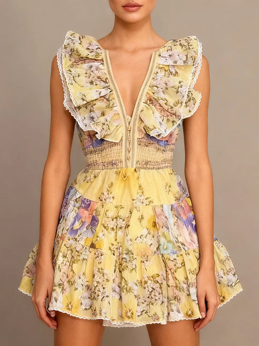 Floral Printing Tunic Ruffles Dresses for Women V Neck Flying Sleeve Patchwork Single Breasted Sexy Short Dress Female New