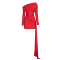 Sexy Christmas Dress Women Ruched Elegant Ribbon Irregular Full Sleeve Evening Skew Collar Skinny Peach Hip Bodycon
