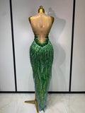 Green Sparkly Rhinestone Tassels Women Sexy Mesh Bodysuit Eveing Party Birthday Latin Dancer Nightclub Performance Stage Costume