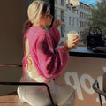 Women's Pink Lace-up Backless Knitted Sweater Long Sleeve Pullover Knitwears Loose Pullovers Top White Jumpers Autumn Clothing