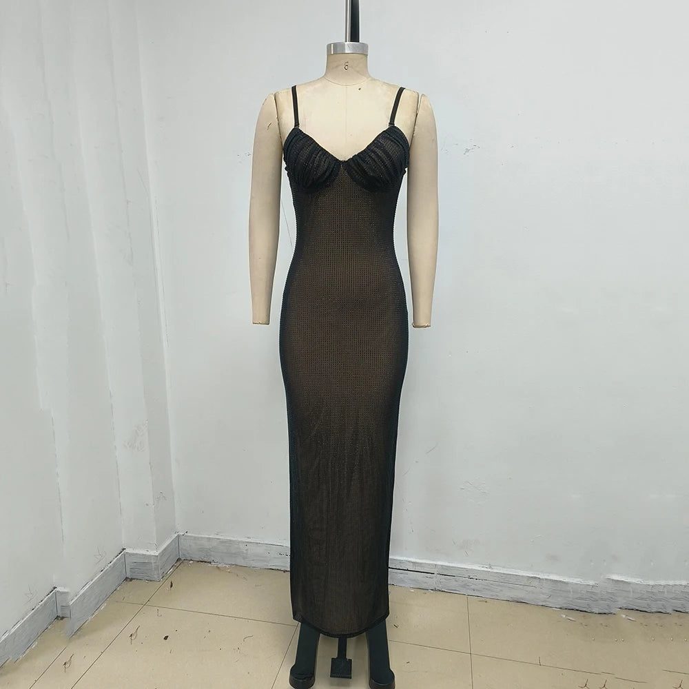Sexy Maxi Dress Black Women's Diamond See Spaghetti strap Mesh Through Bodycon Long Dress Nightclub Party Evening Gowns