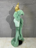 Sexy Mermaid Evening Dress Mint Green Fold Tulle Ruffle Train Rhinestone FoldFormal Gown For Women Pageant Performance Costume