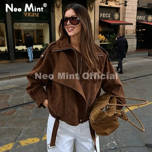 Autumn New Brown Oversized Suede Jacket Women Chic Brand Fashion Design Loose Shaggy Jackets Coat Motorcycle Outerwears