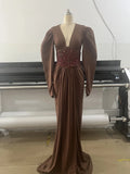 Women Brown Beaded Corset Design Maxi Dress V Neck Long Sleeves Waist Cinching Slim Dresses Fashion Evening Party Gowns