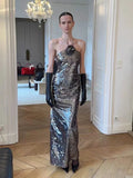 Women Elegant Chest Flower Sequin Halter Maxi Dress Backless Sexy Long Dresses Summer 2026 New Fashion Evening Party Gown