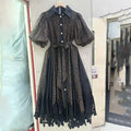 Spotted Print Shirt Maxi Dress for Women Puff Sleeve Point Collar Self Tie Sash Waistband Lace Hem Patchwork Mesh Overlay