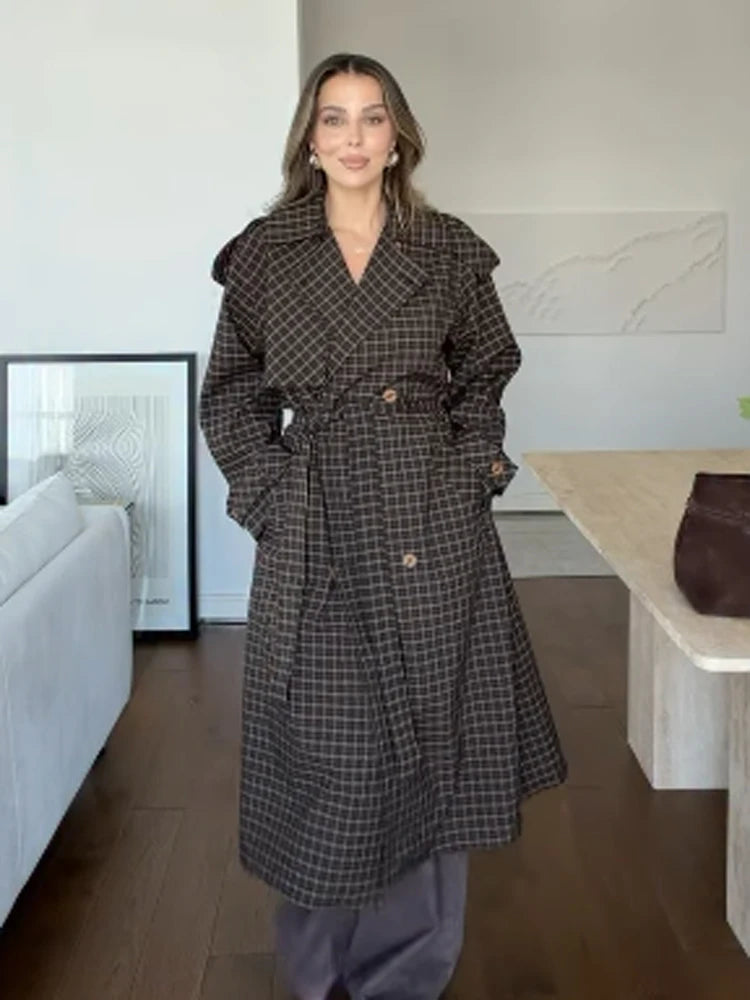 2026 Women Winter Plaid Trench Coat Single Breasted Waist Tie Loose Jacket Autumn High Street Daily Chic Hot Lux Outerwear 2026