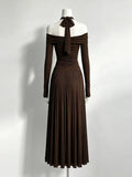 Elegant Women Folds Solid Slim Maxi Dresses Women Halter Neck Long Sleeve High Waist Long Dress Female Party Prom Gowns