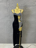 Luxury Glamorous Black Asymmetrical Velvet Rhinestone Dress Dinner Cocktail Event Party Stage Performance Dress