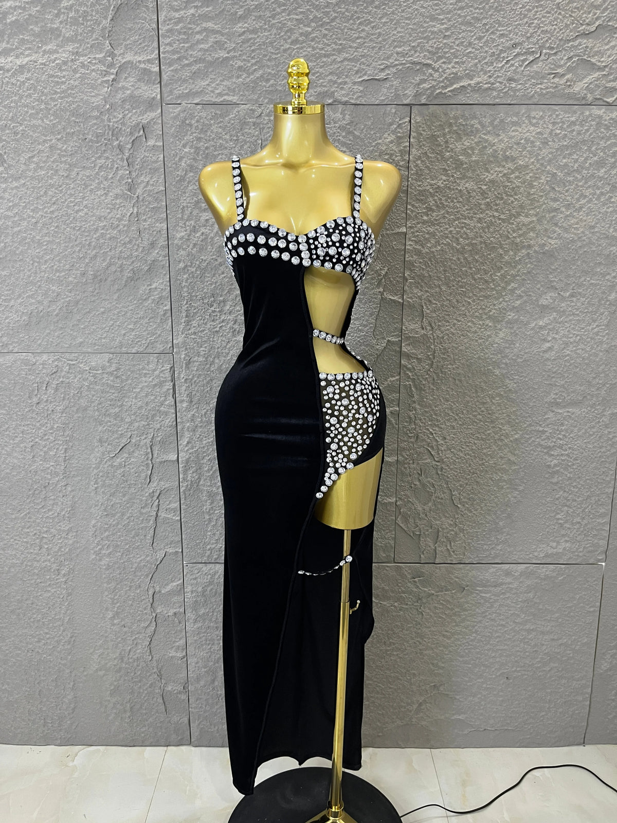 Luxury Glamorous Black Asymmetrical Velvet Rhinestone Dress Dinner Cocktail Event Party Stage Performance Dress