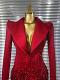 Handmake Women Long Sleeve Golden Beading Deep V-Neck Bodycon Mini Dress Celebrate Birthday Photo Shoot Performance Costume