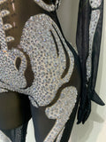 Luxury Rhinestones Skeleton Mesh See Through Jumpsuit Long Sleeve Nightclub Cos Party Stage Performance Halloween Costume