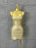 Women Sexy Metallic Gold Silver Bronze Bodycon Dress with Thin Straps and Drawstring Hem Evening Event Women Clubwear Outfit