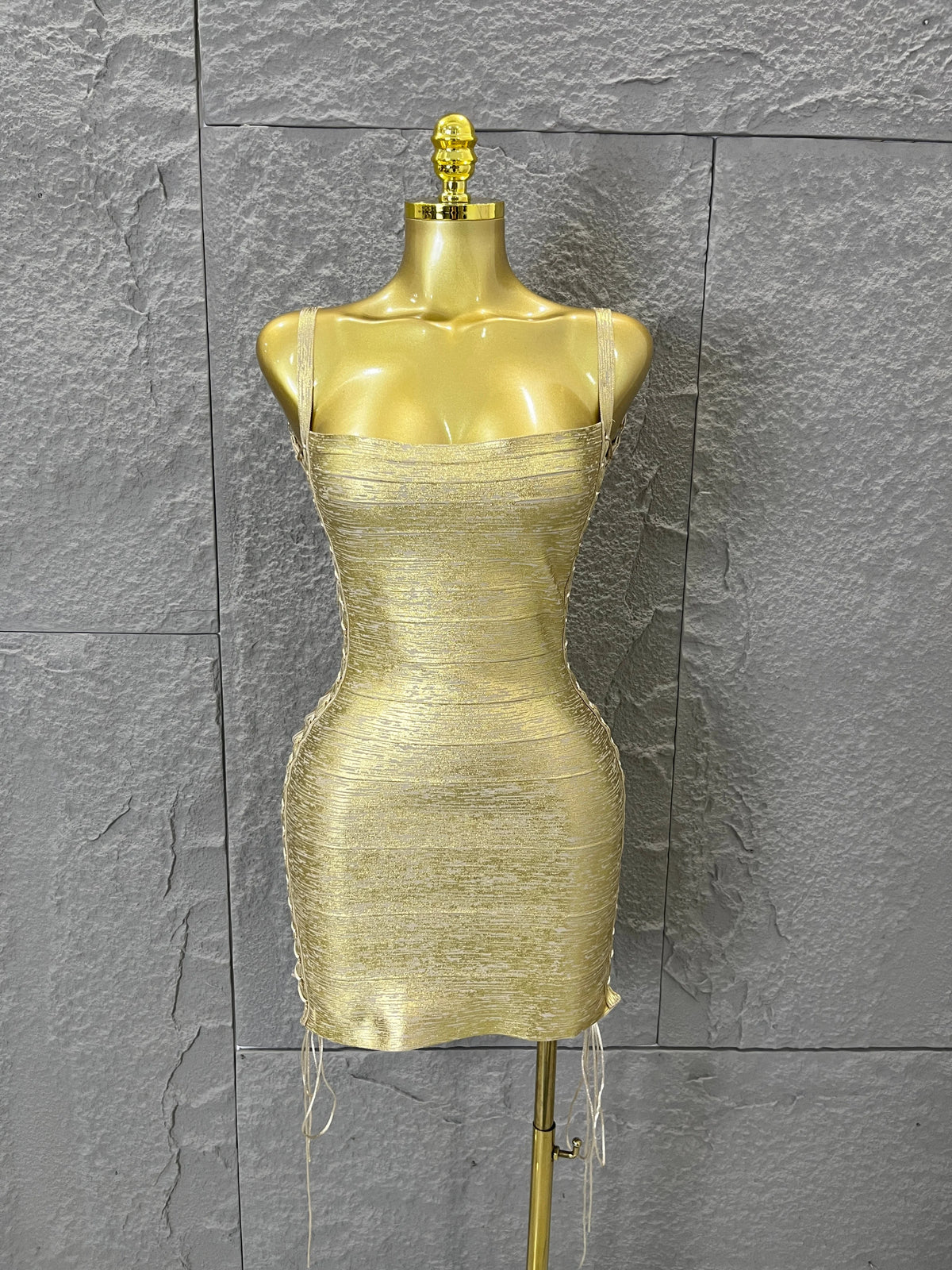 Women Sexy Metallic Gold Silver Bronze Bodycon Dress with Thin Straps and Drawstring Hem Evening Event Women Clubwear Outfit