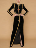 Black Velvet Holiday Celebrations Maxi Gown for Women O Neck Gold Trim Slim Jewel Accent High Slit Dresses for Luxury Dinner