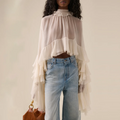Solid Patchwork Ruffles Loose Blouses for Women I Neck Long Sleeveless Temperament Minimalsit Shirts Female New