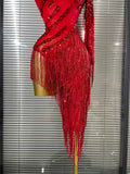 Black Red Women Sexy One Shoulder Shinning Crystal Sequins Tassels Bodycon Mid-calf Dress Nightclub Party Bar Dancer Costumes