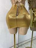 Sparkly Diamonds Top Mini Skirt Sets Gold Nightclub Performance Outfit Luxury Party Stage Celebrity Two Pieces Sets