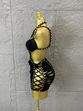 Women Sexy Sparkly White Braided Halter Mini Dress Gold Bead Trim Cutout Sides Ideal Beach Parties Vacations Special Occasions