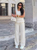 Detachable Lace Trim Vest Wide Leg Pant Set Sleeveless Crew Neck  2026 Autumn City Leisure Lady Women Elegant Minimal  Outfit