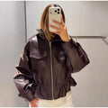 Fashion Women's Drawstring Short Leather Jacket Stand Collar Long Sleeve Ruffle Zipper Female Coat 2026 Autumn Lady Chic Jackets
