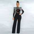 Women's Sheer Diamonds Tassel Jumpsuit See-through High Collar Hot Diamond Shoulder Padded Long Sleeved Party Jumpsuit