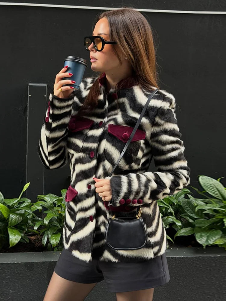 Women Zebra Striped Fuzzy Faux Fur Jacket Velvet Spliced Stand Collar Single‑Button Pocket Decor Long Sleeve Slim Outerwear Coat