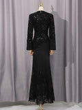 Solid Color Elegant Party Vestido Women'S Spliced Mesh Sequin Slim Long Sleeved Maxi Long Dress