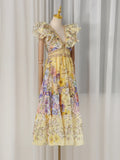 Luxurious Party Folds Design Draped Dress for Women V Neck Flying Sleeve Tunic Floral Printing Vintage Midi Dresses Female