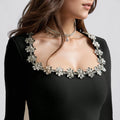 Elegant Mini Square Collar Diamond Evening Dress Short A-Line Long Sleeves White Pocket Princess Prom Gowns 2024 New