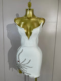 Elegant White Strapless Cocktail Party Women Eveing Prom Club Birthday Dress Sexy Sparkly Crystal Side Split Bandage Mini Dress