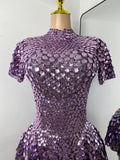 Sexy Women Short Sleeve Sparkly Sequins Stage Dress Luxury Evening Party Nightclub Performance Costume Stage Wear