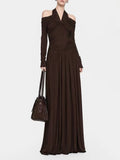 Elegant Women Folds Solid Slim Maxi Dresses Women Halter Neck Long Sleeve High Waist Long Dress Female Party Prom Gowns