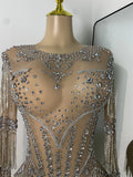 Sparkly Rhinestones Fringes Tight Bodysuit Women Sexy Mesh See Through Performance Stage Outfit Luxury Birthday Party Wear